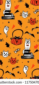 Halloween seamless vector background with cats, bats, spiders. In black and orange colors. Good for packaging design, halloween packaging paper, thematical background