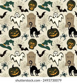 Halloween seamless vector background with ghost, tombstone, pumpkin lantern, black cat, skull and web, decorative pattern for textile print, wallpaper, packaging.