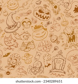 Halloween seamless vector background with line graphic illustration of cartoon Halloween personages