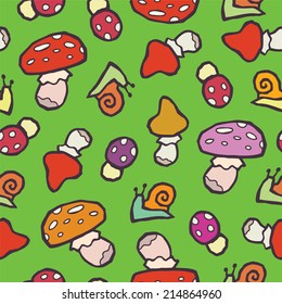 Halloween seamless vector background - mushrooms and snails. You can use it for package design, invitations, flyers, wrapping paper, textile, postcards, cards and so on.