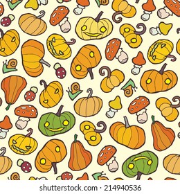 Halloween seamless vector background - mushrooms and pumpkin. You can use it for package design, invitations, flyers, wrapping paper, textile, postcards, cards and so on.