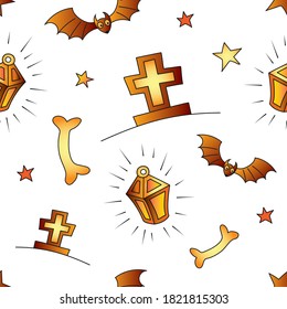 Halloween seamless vector background, pumpkin, cap, bat, cross.