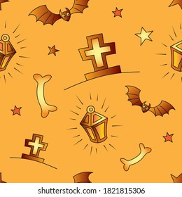 Halloween seamless vector background, pumpkin, cap, bat, cross.