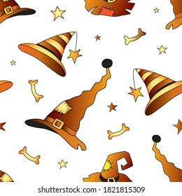 Halloween seamless vector background, pumpkin, cap, bat, cross.