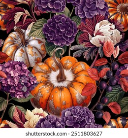 Halloween seamless vector background with pumpkins, antique lanterns, berries and flowers. Vintage painting style illustration.