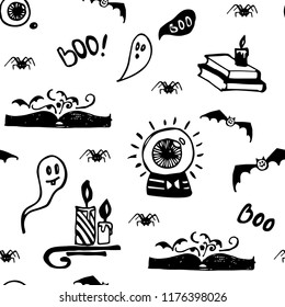 Halloween seamless vector black and white background with ghosts, spiders, bats, magic books and candles. Colouring background for children