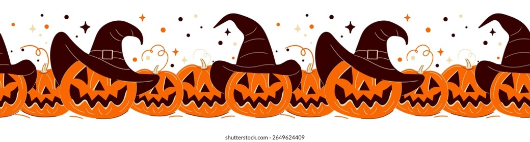 Halloween seamless vector border with a repeating row of jack-o-lanterns wearing witch hats. Isolated on white background. Fun spooky divider for web or print designs.