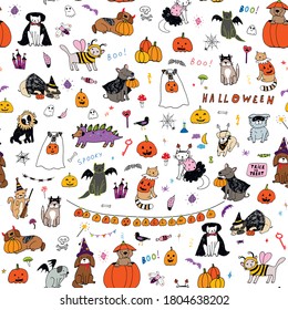 Halloween seamless vector cartoon cats and dogs pattern