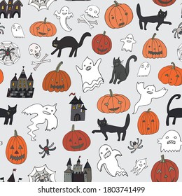 Halloween seamless vector doodle pattern with pumpkin, spider, ghost, cat, castle