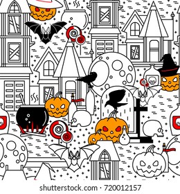 Halloween. Seamless vector linear pattern. Background with festive pumpkins, old house, crows, bat, drinks, bottles, cauldron and moon on a white background.