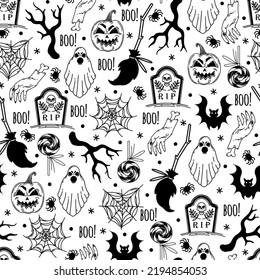 Halloween seamless vector pattern. Autumn holiday symbol - pumpkin, spider web, bat, ghost, grave, witch accessories. Black outline isolated on white. Background for wallpaper, wrapping