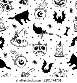 Halloween seamless vector pattern. Autumn holiday symbol- pumpkin jack o lantern, black cat, bat, spider, witch accessories. Black outline isolated on white. Background for wallpaper, wrapping, fabric