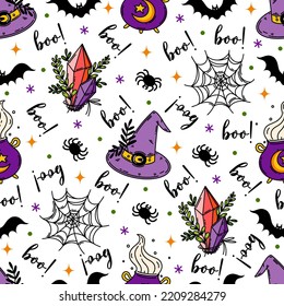 Halloween seamless vector pattern. Autumn holiday symbol - witch hat, spider web, bat, cauldron, magic crystal, boo. Bright flat illustration, cartoon. Background for wallpaper, wrapping, fabric