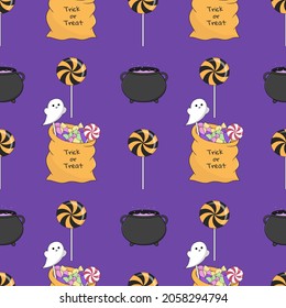 Halloween seamless vector pattern: bag of sweets, candy, pot with potion