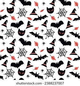 Halloween seamless vector pattern bat cat witch spooky spider cute design background digital paper