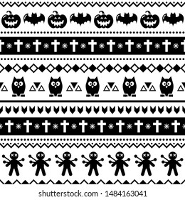 Halloween seamless vector pattern with bats, owls and pumpkins - tribal, Aztec print style background
  
Black and white repetitive pattern for Halloween party, happy symmetric monochrome decoration 
