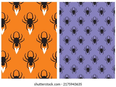 Halloween Seamless Vector Pattern With Big Fat Black Spiders On A Violet And Orange Background. Scarry Spiders Print Ideal For Wrapping Paper, Fabric, Halloween Party Decoration.