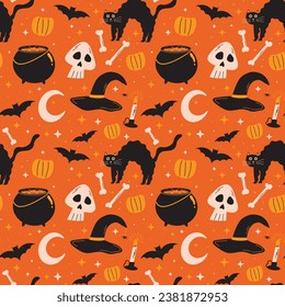 Halloween-nahtloses Vektormuster mit schwarzer Katze, Hexenkürbis, Kürbis, Kessel, Kessel, Fledermäuse, Kerzen, Schädel, Knochen, Mond und Sternen, witzige Illustration, Hexenkrebs, Magie, Zauberspruch, Träne 