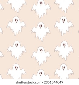 Halloween seamless vector pattern. Boo ghost in groovy retro style.
