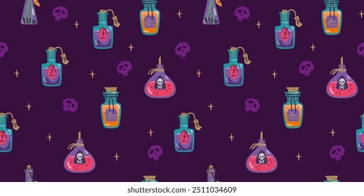 Patrón de Vector sin fisuras de Halloween con botellas de venenos y pociones mágicas sobre fondo oscuro. 