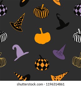 Halloween seamless vector pattern with cute elements of colourful pumpkins, bats and witch hats on dark grey background. 
