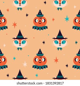 Halloween seamless vector pattern with cute Halloween characters. Smiling pumpkins and smiling cats, surrounded by stars.