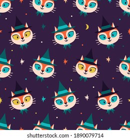 Halloween seamless vector pattern with cute cat characters. Smiling  cats in witch hats, surrounded by stars in the night sky.