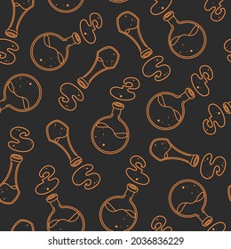 Halloween seamless vector pattern with cute hand drawn bottles with magic potions. Orange line objects on black background. For wrapping paper, textile, print, gift, package, card, fabric, wallpaper.