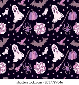 Halloween Seamless vector pattern. Cute pink ghosts, spider, broom and pumpkin. Illustration for printing on fabric, paper, packaging, postcards.