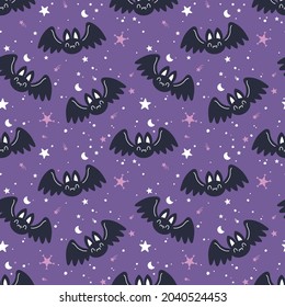 Halloween seamless vector pattern and cute hand drawn bat in the night sky  Kawaii holiday background for kids room decor  nursery art  print  fabric  wallpaper  wrapping paper  textile  packaging 