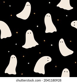 Halloween seamless vector pattern with cute and funny ghosts. Hand drawn background for autumn holidays and Halloween party. Spooky vector illustration, flat style. Cartoon creepy characters