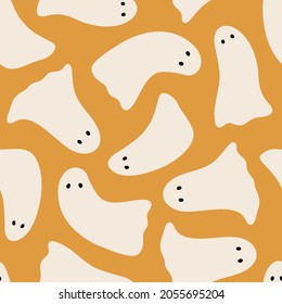 Halloween seamless vector pattern with cute and funny ghosts. Hand drawn background for autumn holidays and Halloween party. Spooky vector illustration, flat style. Cartoon creepy characters