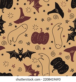 halloween seamless vector pattern with cute graphic doodles in pumpkin burgundy
