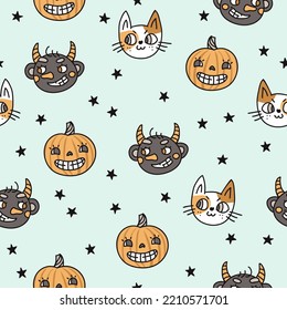 halloween seamless vector pattern with cute faces and stars
