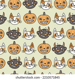 Halloween seamless vector pattern with cute faces of cat, devil and vintage smiling pumpkin
