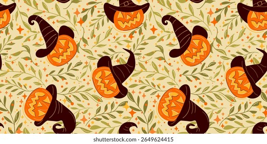 Halloween seamless vector pattern. Cute, spooky jack-o-lanterns wearing witch hats mixed with autumn leaves and branches. Festive and whimsical background for fabric or wallpaper.