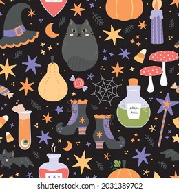 Halloween diseño de patrones vectoriales sin fisuras con bruja, mago, fantasmas, cráneo, calabazas, caramelos, pociones, gato negro