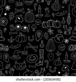 Halloween seamless vector pattern with a lot of different doodle drawings. Perfect for wrapping paper, textile, wallpaper and party decoration.