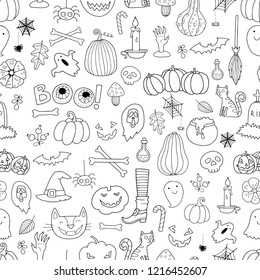 Halloween seamless vector pattern with a lot of different doodle drawings. Perfect for wrapping paper, textile, wallpaper and party decoration. Coloring page or book for children or adults.