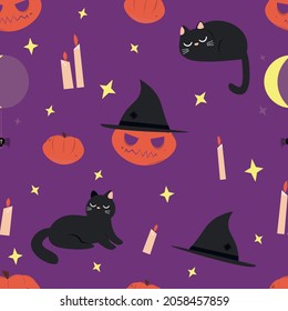Halloween seamless vector pattern. Elements of magic and sorcery. Witch items and tools. Pumpkin lantern, black witch cat, burning candles. Print for printing on gift paper, fabric, covers, postcards