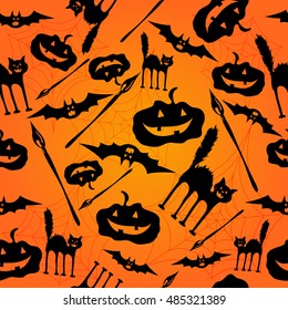 Halloween seamless vector pattern. Endless texture for web page or wrapping with pumpkin and bat, broom and cat.