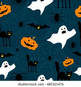 Halloween seamless vector pattern. Endless texture for web page or wrapping with pumpkin and bat, spider and ghost.