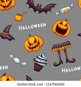 Halloween seamless vector pattern. Funny pumpkins and bats texture. Cute cartoon design for kids, prints, textile, wrapping.