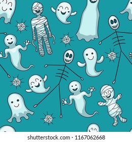 Halloween seamless vector pattern. Funny ghosts texture. Cute cartoon design for kids, prints, textile, wrapping.