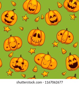 Halloween seamless vector pattern. Funny pumpkins texture. Cute cartoon design for kids, prints, textile, wrapping.