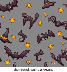 Halloween seamless vector pattern. Funny pumpkins and bats texture. Cute cartoon design for kids, prints, textile, wrapping.