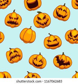 Halloween seamless vector pattern. Funny pumpkins texture. Cute cartoon design for kids, prints, textile, wrapping.