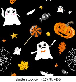 Halloween seamless vector pattern with funny ghost, leaves, pumpkin, bat,
candy, stars. For banners, posters, wrapping paper