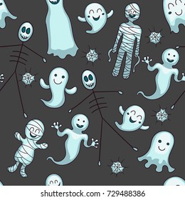 Halloween seamless vector pattern. Funny ghosts texture. Cute cartoon design for kids, prints, textile, wrapping.