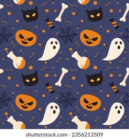 Halloween seamless vector pattern. Ghost, pumpkin, black cat and potion. Ready design. 
